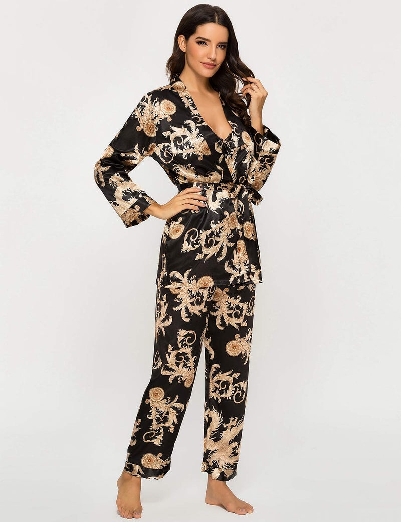 Escalier Women's Silk Satin Pajamas Set 3 Pcs Floral Silky Pj Sets Sleepwear Cami Nightwear with Robe and Pants Black M - Image 3
